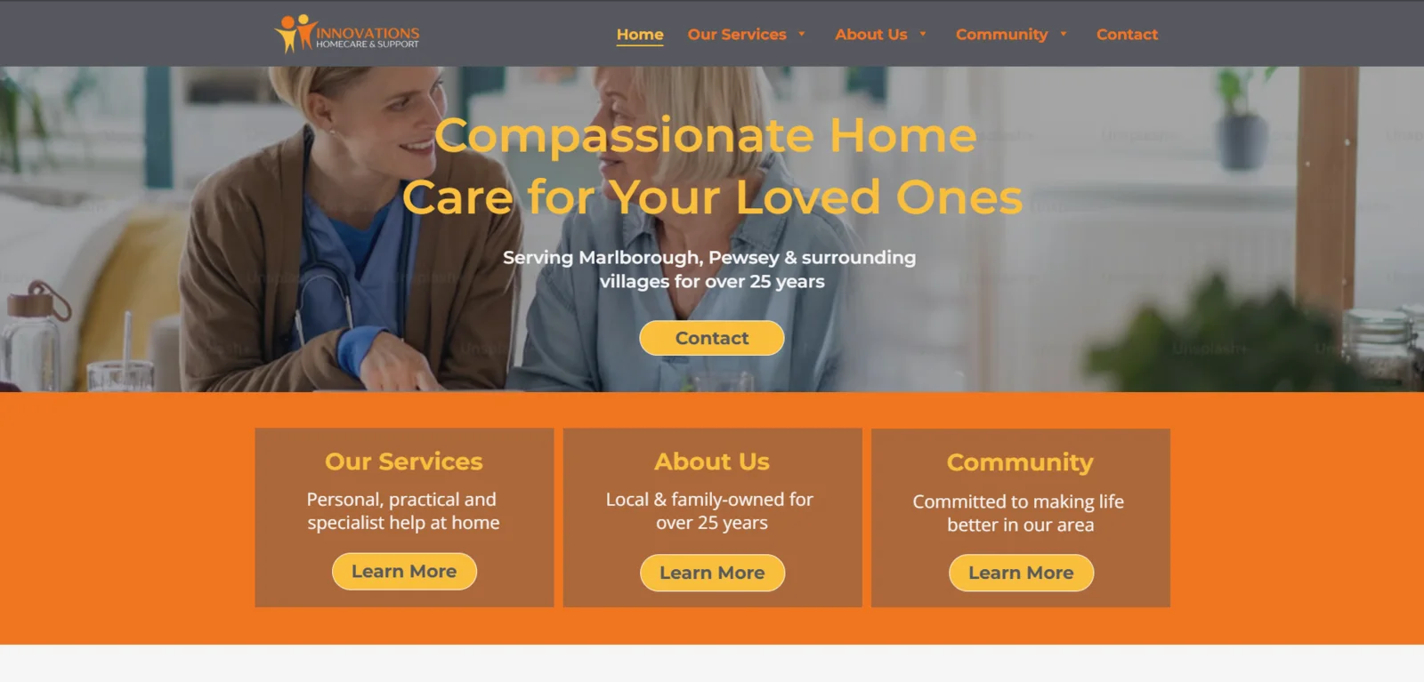 Innovations Homecare website homepage showing the main navigation, home-care hero and service links